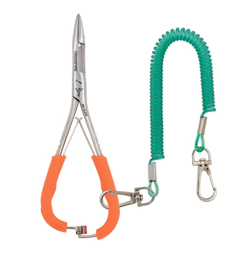 Robust Dr. Slick Mitten Scissor Clamps, Crossfire series, ideal for anglers in cold weather, multi-functional fishing tool